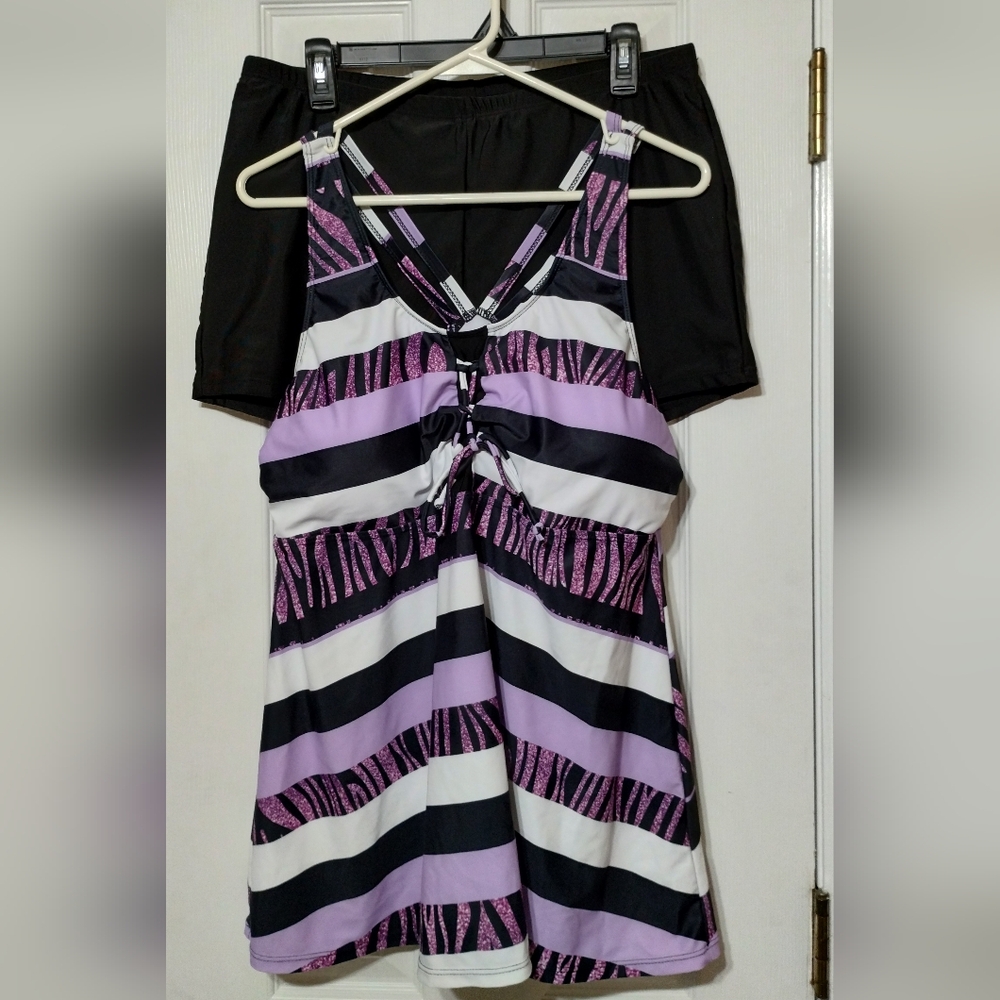 3XL Tankini Swim Set – Purple Black White Zebra Stripe Top + Black Swim Shorts